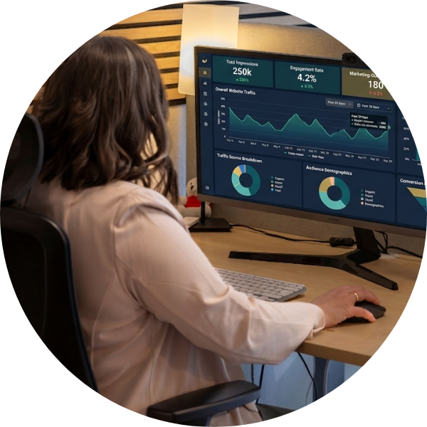 Jenny Schmitz sitzt mit dem Rücken zur Kamera und schaut auf den Bildschirm des Laptops, wo ein Analyse-Dashboard geöffnet ist