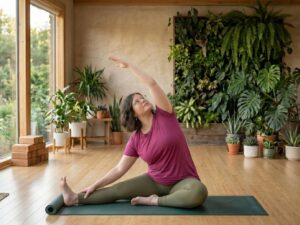 Person sitzt auf einer Yogamatte und macht das sitzende Dreieck, im Hintergrund sind viele Zimmerpflanzen.